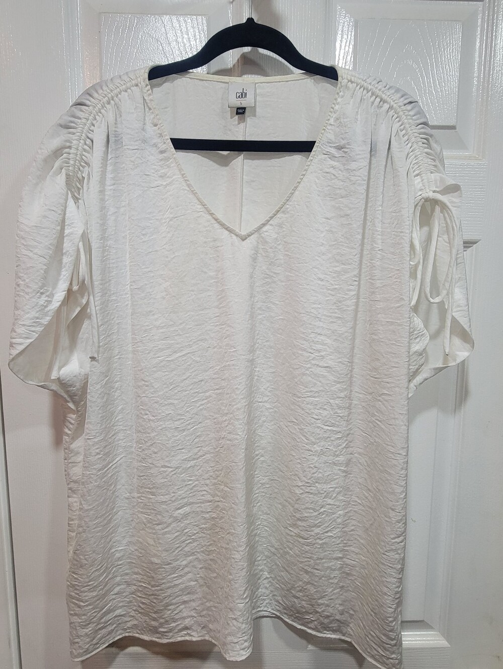 CAbi White V-Neck Ruched Tie Sleeve Top, Size L